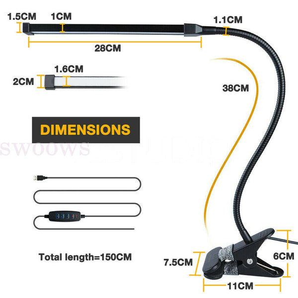 LED Table Bedside Desk Lamp with Clamp Eye-Care Study Reading Light Dimmable USB