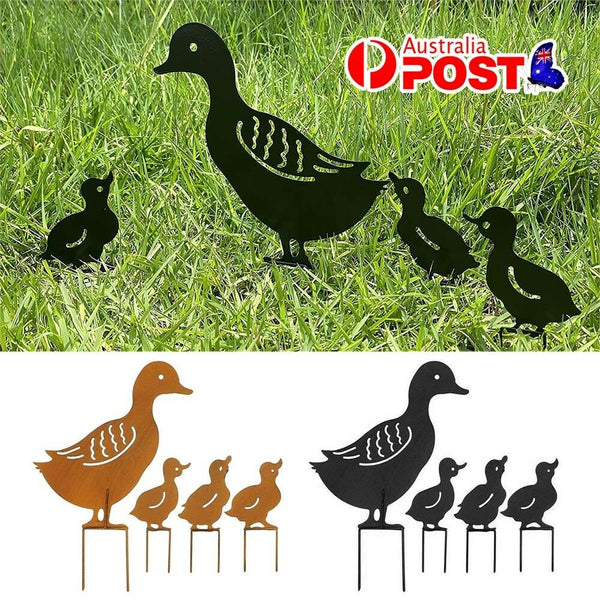 4X Metal Garden Family Duck Shape Stake Animal Retro Outdoor Sculpture Ornament