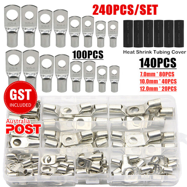 240PCS Battery Copper Cable Lugs Crimp Ring Terminals Electrical Wire Connectors