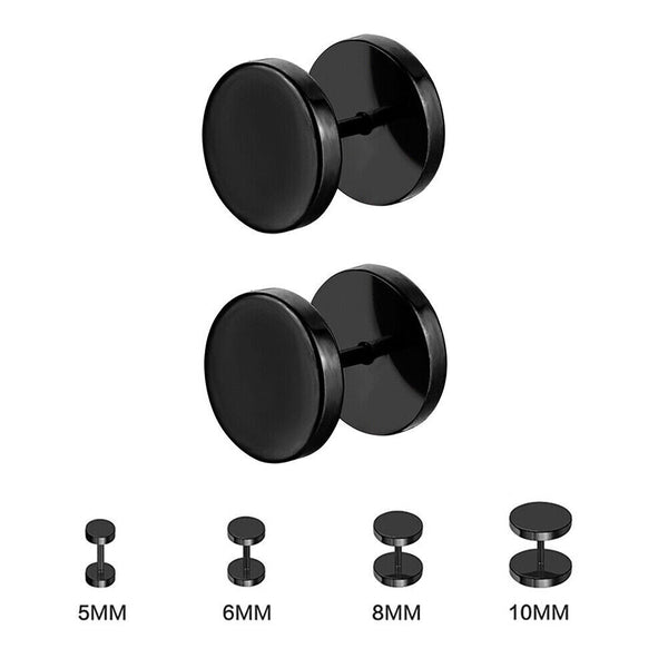 Pair Flat Round Barbell Plug Stud Earrings Mens Stainless Steel Gym Black 3-14mm