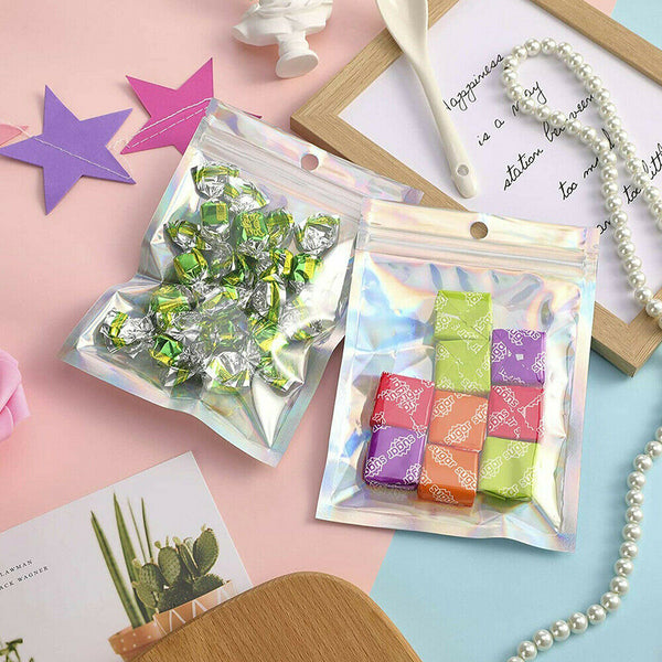 50-200 Food Storage Pouch Holographic Resealable Mylar Ziplock Aluminum Foil Bag