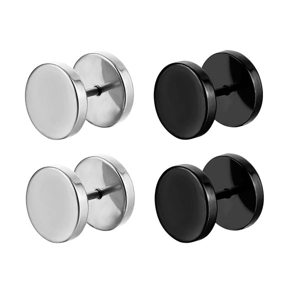 Pair Flat Round Barbell Plug Stud Earrings Mens Stainless Steel Gym Black 3-14mm