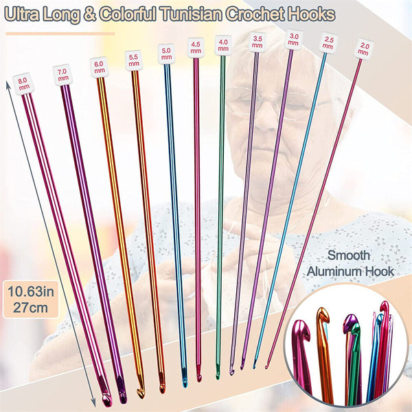 11Pcs Long Tunisian Afghan Crochet Hook Aluminum Knitting Needles Tool 2mm-8mm