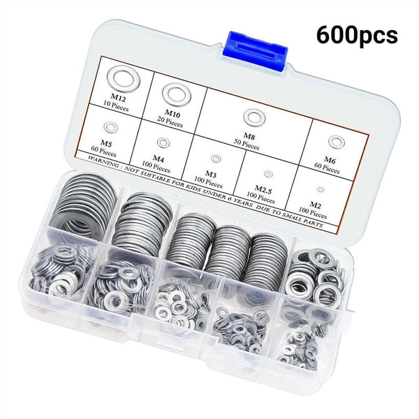 600pcs 304 Stainless Steel Flat Washer Washers Assortment Set Value Kit M2 - M12