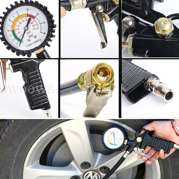 Tyre Pressure Gauge Air Tire Inflator Car Motorcycle Pump Hose Compressor Tool