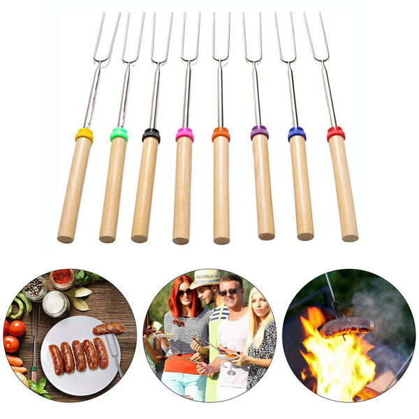 8x 32''Telescoping BBQ Marshmallow Roasting Sticks barbecue Skewers Hot Dog Fork