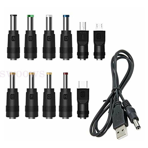 11-20Tips USB to 5.5 mm/2.1 mm 5 Volt DC Barrel Jack Plug Charging 1M Power Cord