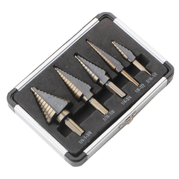 5PCS HSS Step Steel Cone Drill Hole Cutter Titanium Bits Set Kit + Aluminum Case