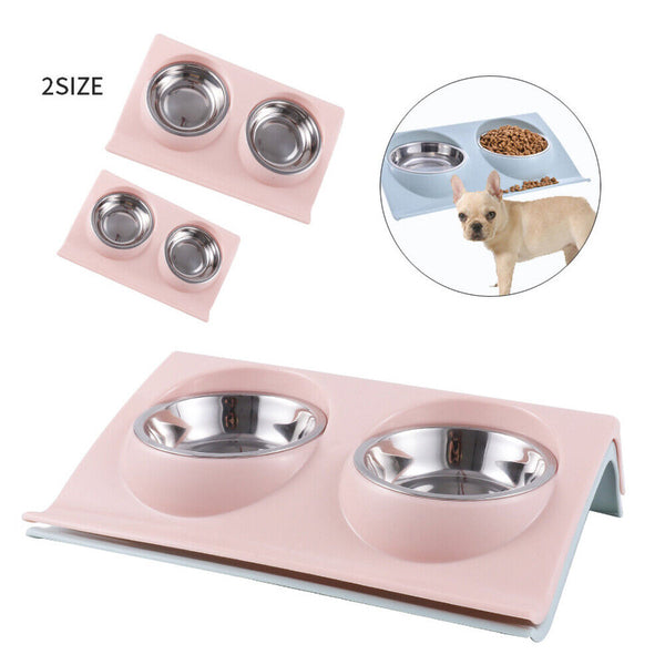 UP4x Stainless Steel Double Pet Bowl Twin Dog Food Feeder Station Dish Water Cat