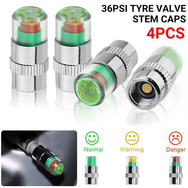 4x Car Tyre Valve Stem Caps with Pressure Indicator Monitor Sensor bike - 36PSI