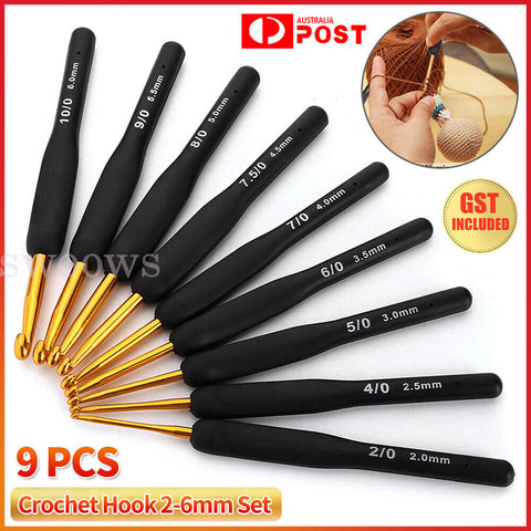 9PCS Soft Sewing Handle Aluminum Crochet Hook Knitting Needles Yarn 2-6mm Set AU