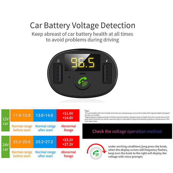 Bluetooth 5.0 Radio Car Kit Wireless FM Transmitter Dual USB Charger MP3 Player