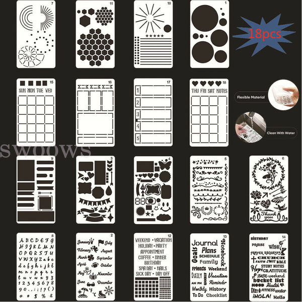 18pcs Bullet Journal Stencil Set For A5 DIY Templates Notebook Diary Scrapbook