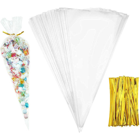 Clear cellophane cello cone sweet bags large candy kid party favour gift Ties