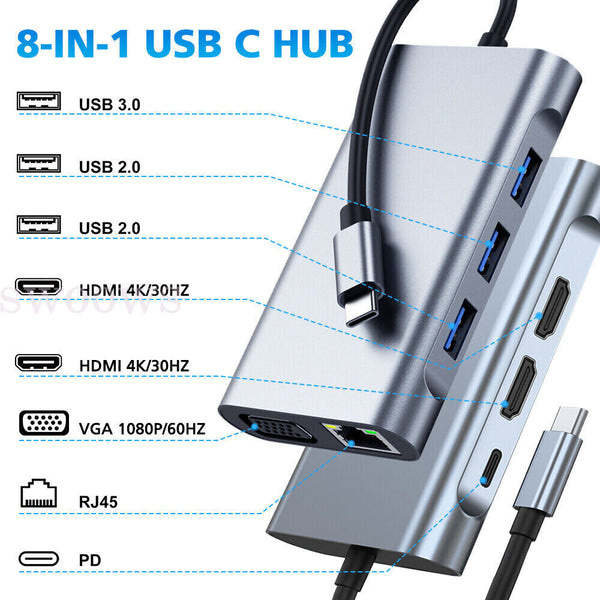 USB C To Dual HDMI Adapter USB C Docking Station 8 In 1 Triple Display USB C