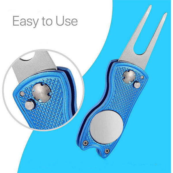 Foldable Metal Golf Divot Repair Tool with Pop-up Button & Magnetic Ball Marker