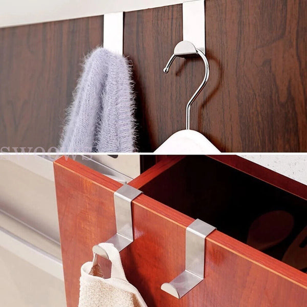 2/10 Stainless Steel Over the Door Hooks Kitchen Towel Holder Clothes Bag Hanger