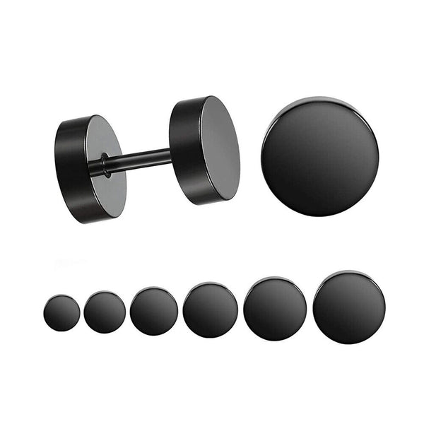 Pair Flat Round Barbell Plug Stud Earrings Mens Stainless Steel Gym Black 3-14mm