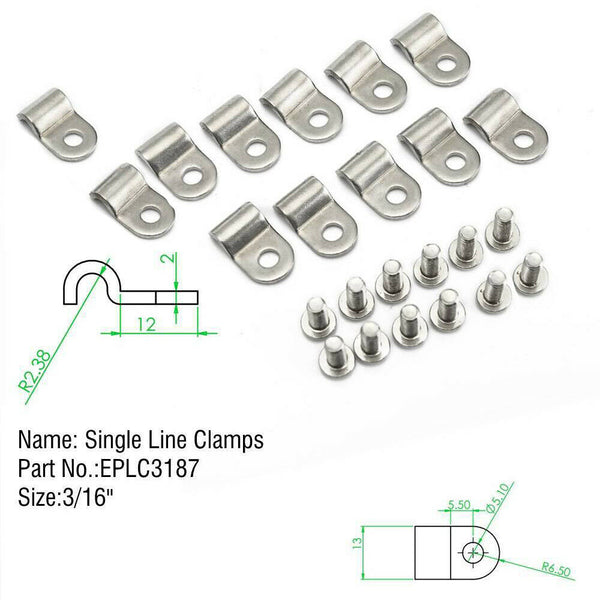 New Set Of 12 Single Brake Line Mounting Clamps 3/16 Stainless Steel