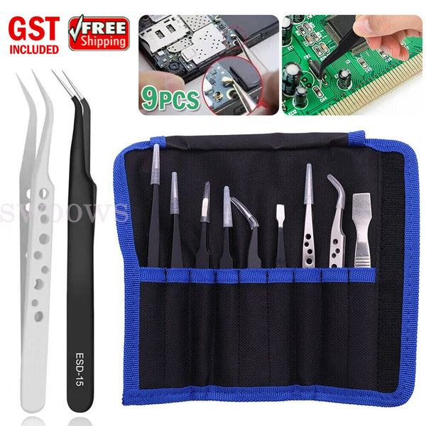 9 Pcs Tweezers Set Stainless Steel -Static Precision Tweezers for Electronic MS3