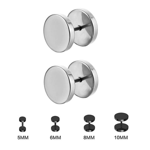 Pair Flat Round Barbell Plug Stud Earrings Mens Stainless Steel Gym Black 3-14mm