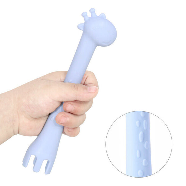 2 In 1 Safety Tableware Feeding Spoon Fork Giraffe Silicone Baby Spoon Cartoon