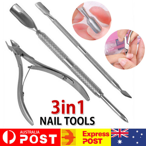 3Pcs Nail Tool Cuticle Nipper Spoon Pusher Cutter Clipper Trimmer Set AU