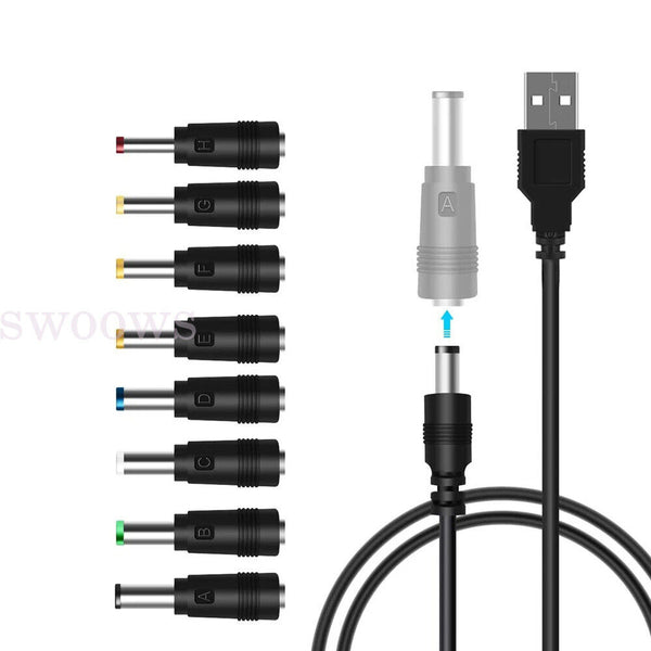 11-20Tips USB to 5.5 mm/2.1 mm 5 Volt DC Barrel Jack Plug Charging 1M Power Cord
