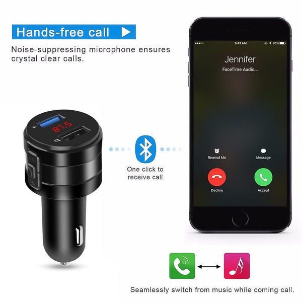 Handsfree Bluetooth 4.2 FM Transmitter Wireless Car Charger USB Kit Radio Player