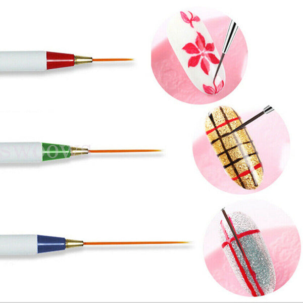 3pcs Nail Art Tips Painting Gel Liner UV Acrylic Striping Drawing Brush Pen