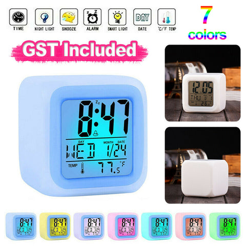 Kids Wake Up Alarm Clock Digital Display 7 Color Changing Night Light Clock Gift