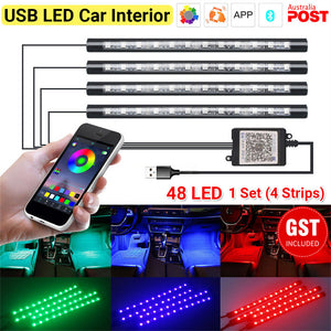 4X 12LED Car Interior Footwell RGB Bluetooth Phone LED Light Strip USB APP AU