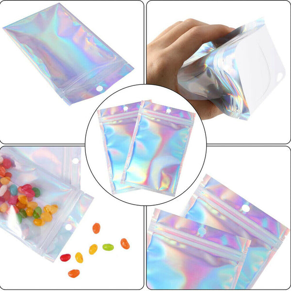 50-200 Food Storage Pouch Holographic Resealable Mylar Ziplock Aluminum Foil Bag