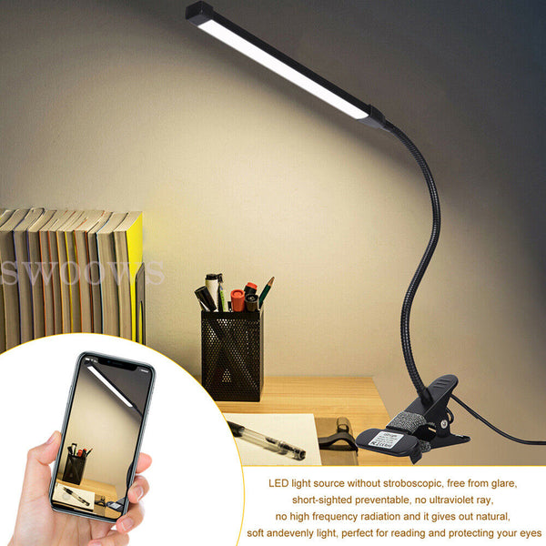 LED Table Bedside Desk Lamp with Clamp Eye-Care Study Reading Light Dimmable USB