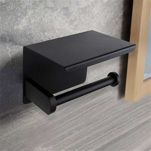 Stainless Steel Toilet Paper Roll Holder Storage Hooks Bathroom Washroom Black