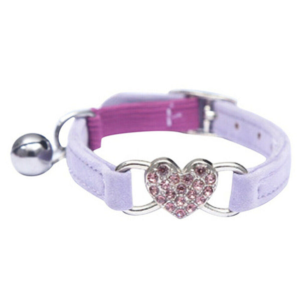 Suede Collar Cat Kitten Dog Puppy Pet Safety Release Adjustable Heart Bling Pink