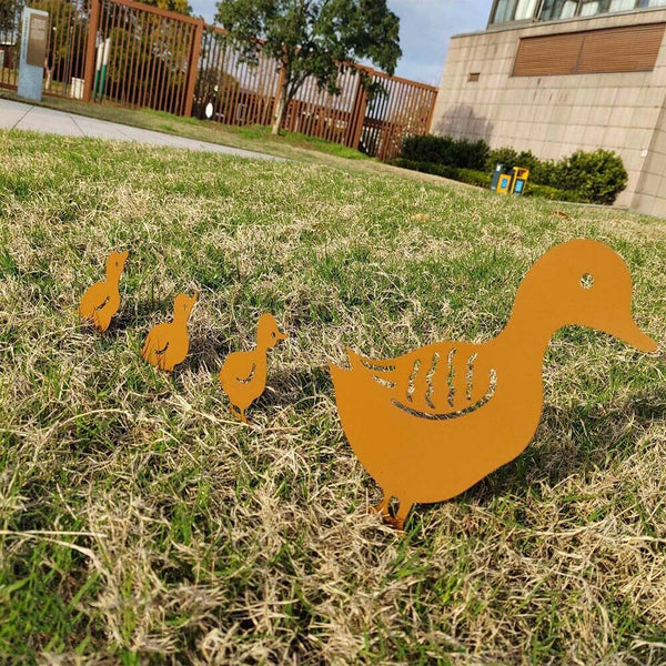 4X Metal Garden Family Duck Shape Stake Animal Retro Outdoor Sculpture Ornament