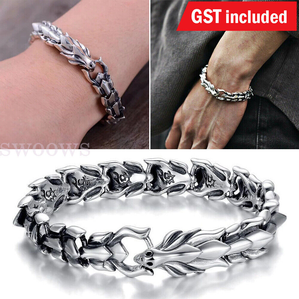 Viking Dragon Link Chain Bracelet Cool Stainless Steel Ouroboros Bangle Gift Men