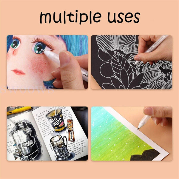 3Pcs White Gel Ink Marker Pen Drawing Art Fine Tip Sketching Painting Tool 0.8mm